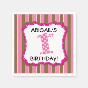 Girl's First Birthday Pink Brown Stripes Napkin