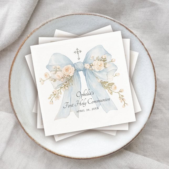 Girl's First Communion Dusty Blue Floral Bow Napkin (Creator Uploaded)