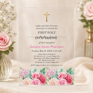 Girl's First Communion Gold Cross Roses Floral Acrylic Invitations