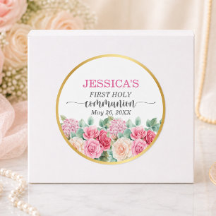 Girl's First Communion Gold Cross Roses Floral Classic Round Sticker