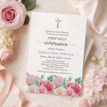 Girl's First Communion Gold Cross Roses Floral