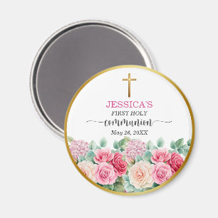 Girl's First Communion Gold Cross Roses Floral  Magnet