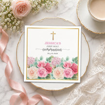 Girl's First Communion Gold Cross Roses Floral