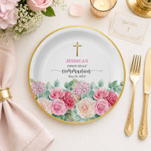 Girl's First Communion Gold Cross Roses Floral 