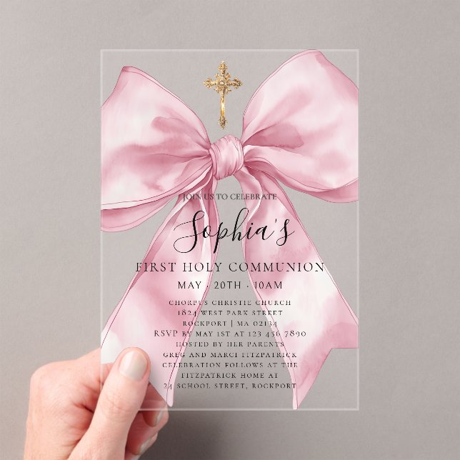 Girl's First Communion Pink Bow Acrylic Invitation (Insitu (Handheld))