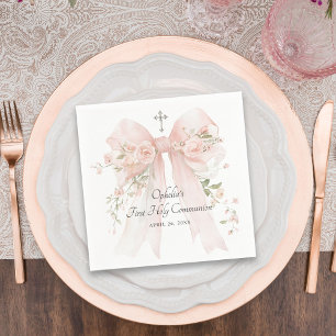 Girl's First Communion Pink Floral Bow Napkin
