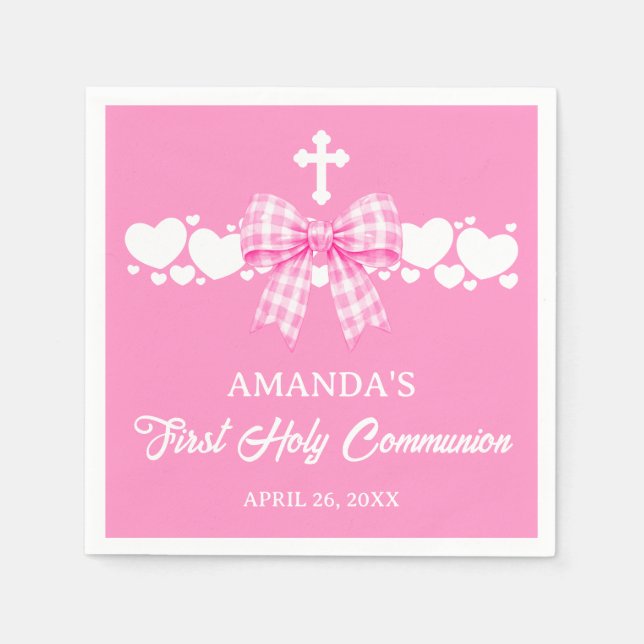 Girl's First Communion Pink Gingham Bow Napkin (Front)