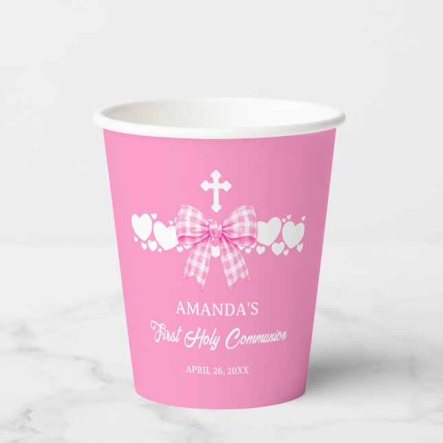 Girl's First Communion Pink Gingham Bow Paper Cups (Front)