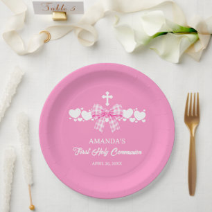 Girl's First Communion Pink Gingham Bow Paper Plate