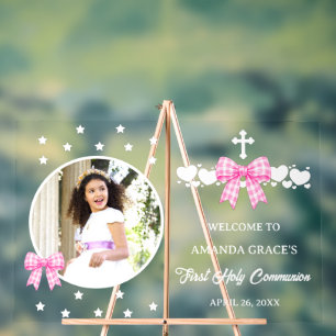 Girl's First Communion Pink Gingham Bow Photo Acrylic Sign