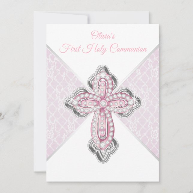 Girls First Communion Pink Lace Cross Invitation (Front)