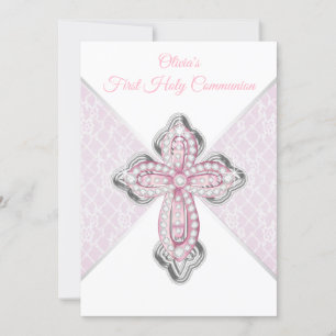 Girls First Communion Pink Lace Cross Invitation