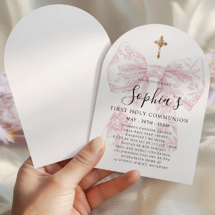 Girl's First Communion Pink Toile Bow Cross Arch Invitation