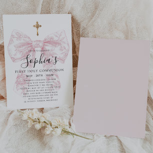 Girl's First Communion Pink Toile Bow Cross  Invitation