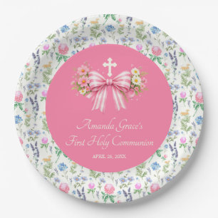 Girl's First Communion Pink Wildflower Bow Paper Plate