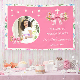 Girl's First Communion Pink Wildflower Bow Photo Banner