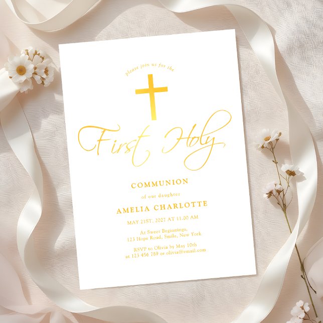 Girls First Communion White and Yellow Invitation (Creator Uploaded)