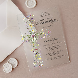 Girl's First Communion Wildflowers Floral Cross Acrylic Invitations