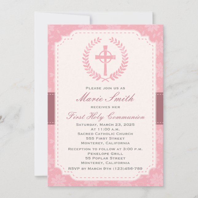 Girl's First Comunion Invitation with Cross (Front)