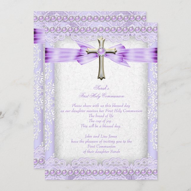 Girls First Holy Communion Cross Pretty Lavender 2 Invitation (Front/Back)