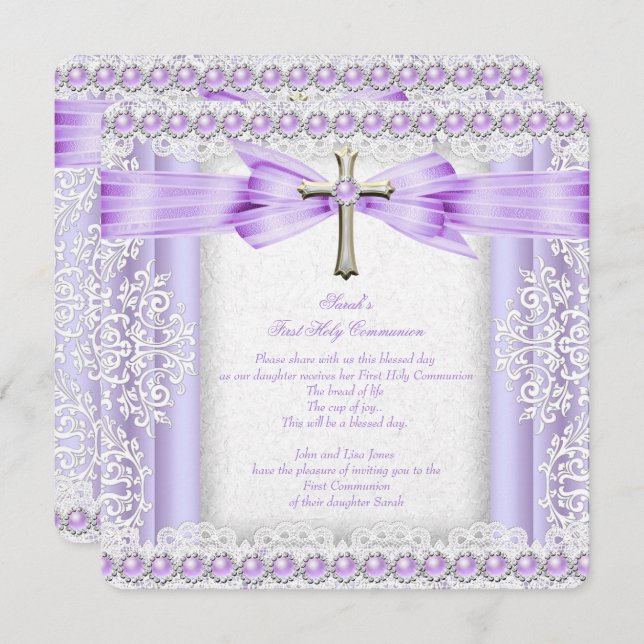 Girls First Holy Communion Cross Pretty Lavender 3 Invitation (Front/Back)