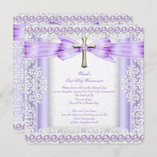 Girls First Holy Communion Cross Pretty Lavender 3 Invitation
