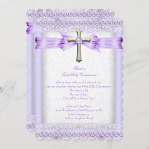 Girls First Holy Communion Cross Pretty Lavender Invitation