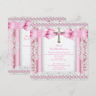 Girls First Holy Communion Cross Pretty Pink Invitation