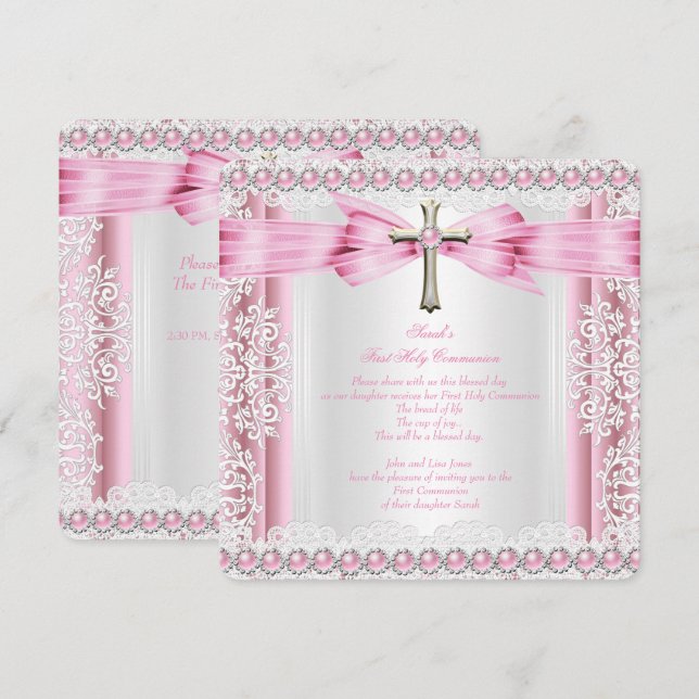 Girls First Holy Communion Cross Pretty Pink White Invitation (Front/Back)