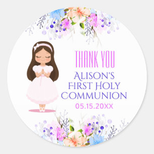 Girls First Holy Communion Floral Classic Round Sticker