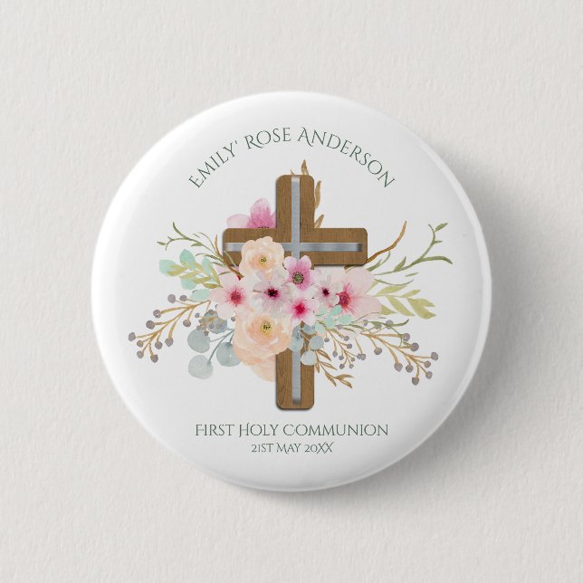 Girls First Holy Communion Floral Cross Customised 6 Cm Round Badge (Front)