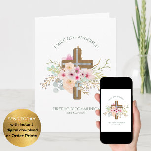 Girls First Holy Communion Floral Cross Customised Card