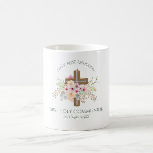 Girls First Holy Communion Floral Cross Customised Coffee Mug