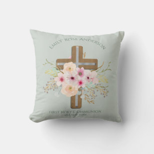 Girls First Holy Communion Floral Cross Customised Cushion