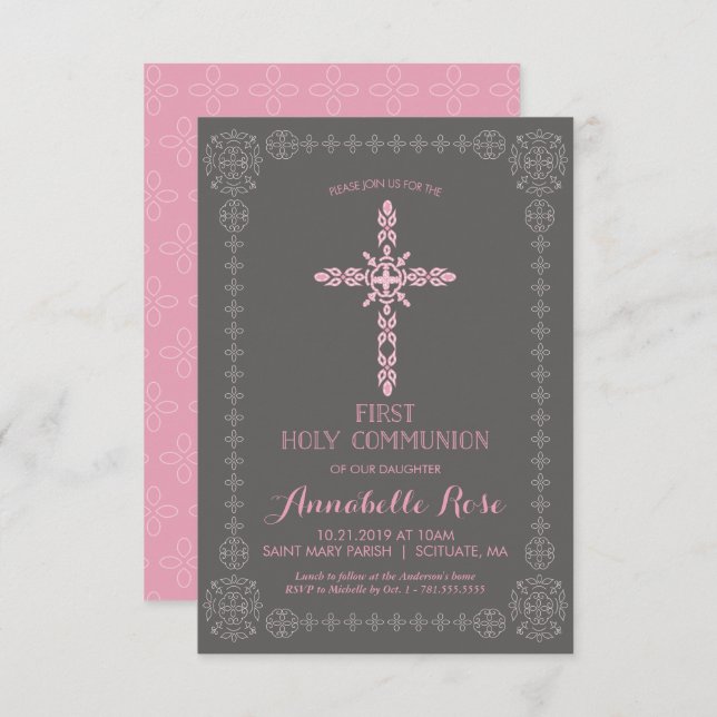 Girls First Holy Communion Girls Invitation, Cross Invitation (Front/Back)