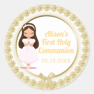 Girls First Holy Communion Gold Jewels Classic Round Sticker