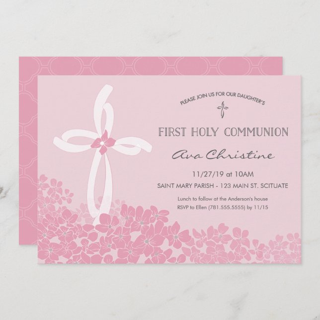 Girl's First Holy Communion Invitation w/ Cross (Front/Back)