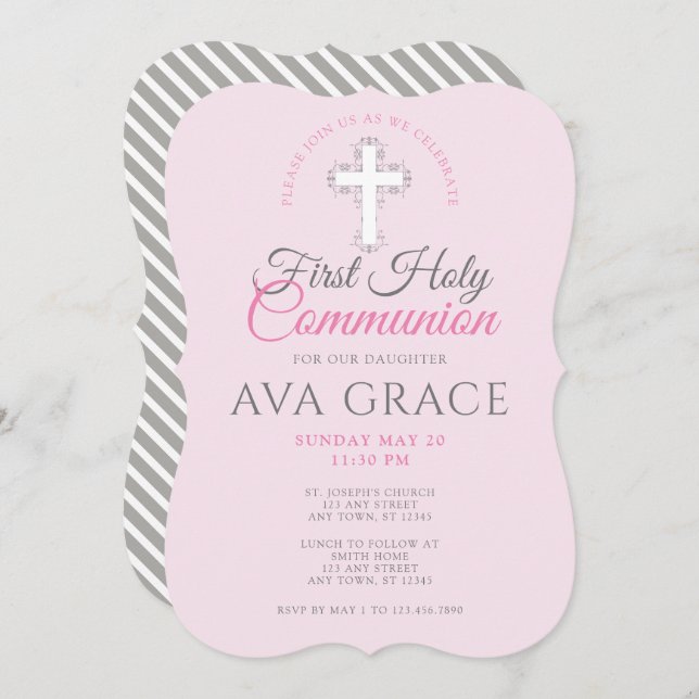 Girls First Holy Communion Pink Cross Invitation (Front/Back)