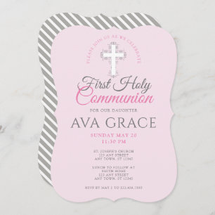 Girls First Holy Communion Pink Cross Invitation