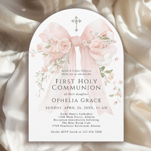 Girl's First Holy Communion Pink Floral Bow Arched Invitation