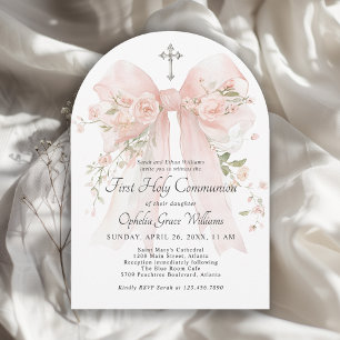 Girls First Holy Communion Pink Floral Bow Invitation