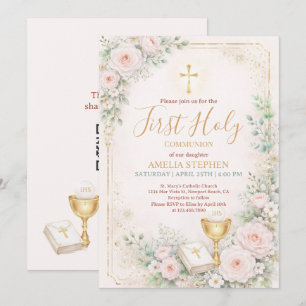 Girls First Holy Communion Pink Floral Gold  Invitation