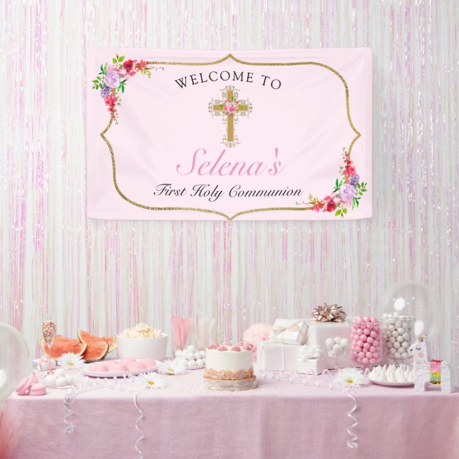 Girls First Holy Communion Pretty Floral Welcome Banner (Party)