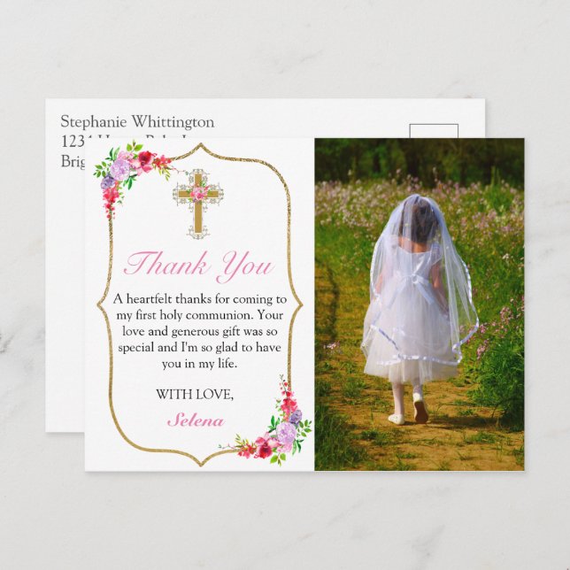 Girls First Holy Communion Pretty Photo Thank You Postcard (Front/Back)