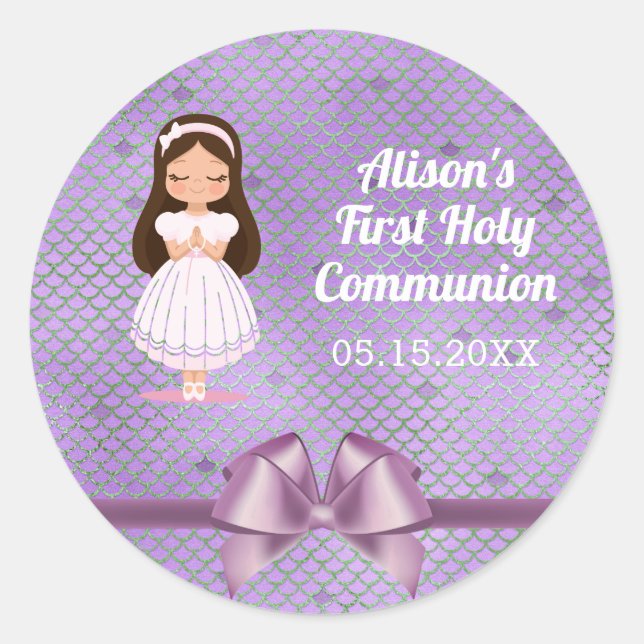 Girls First Holy Communion Purple Bow Classic Round Sticker (Front)