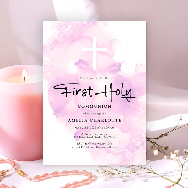 Girls First Holy Communion Soft Pink Watercolor Invitation (Creator Uploaded)