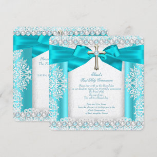 Girls First Holy Communion White Teal Blue Pearl Invitation