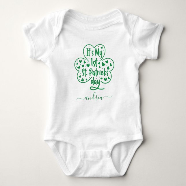 Girl's First St. Patricks Day Cute Clover & Name Baby Bodysuit (Front)
