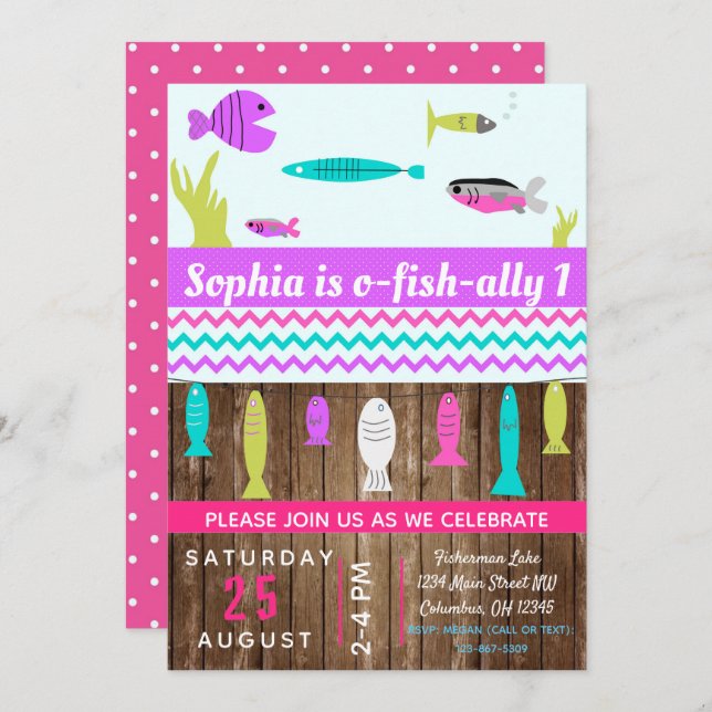 Girls Fishing Kids Birthday Party Invite (Front/Back)