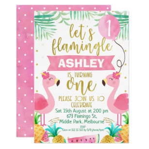 Girls flamingo first birthday invitation